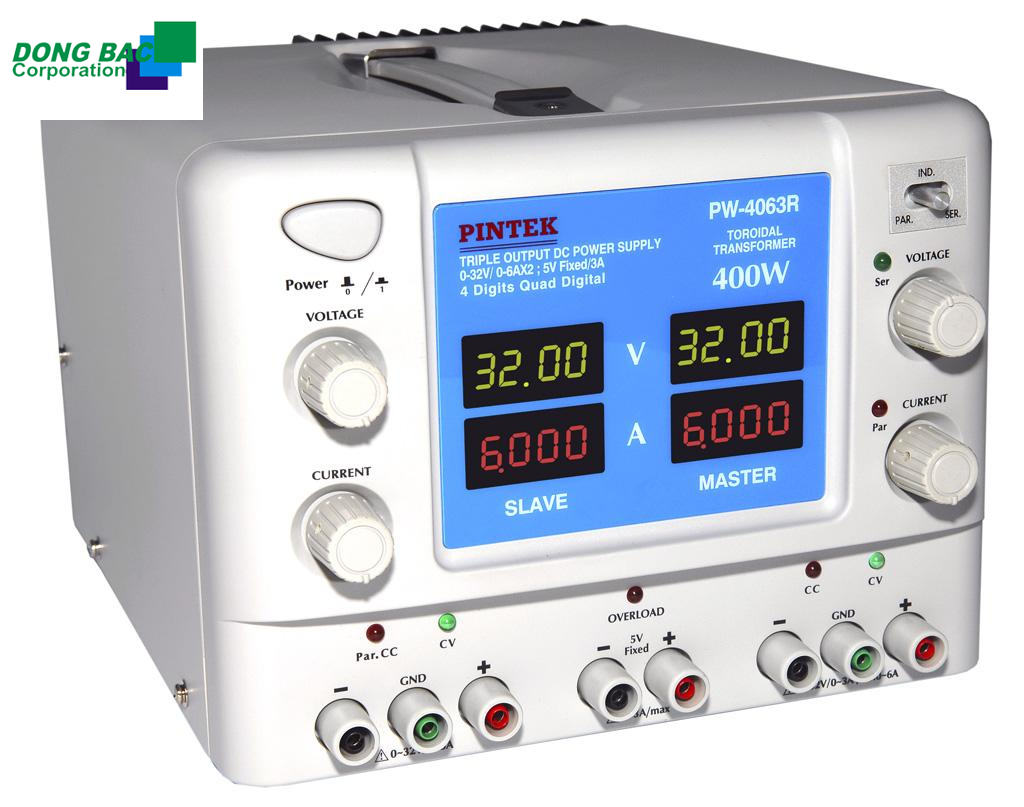 Nguồn cung cấp DC Pintek PW-4063R ( 32V/6A x 2 + 5V/3A ; 4 Digits + 4 Display )